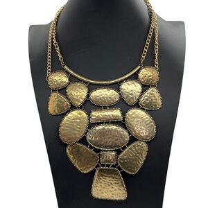 Bib Necklace Statement Modernist Brutalist Hammered Gold Tone Lobster Claw Retro